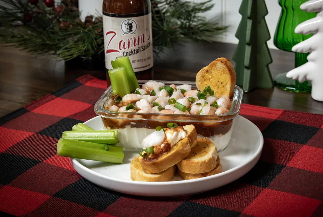 Layered Cocktail Dip with Zamm’s Cocktail Sauce (Wide)