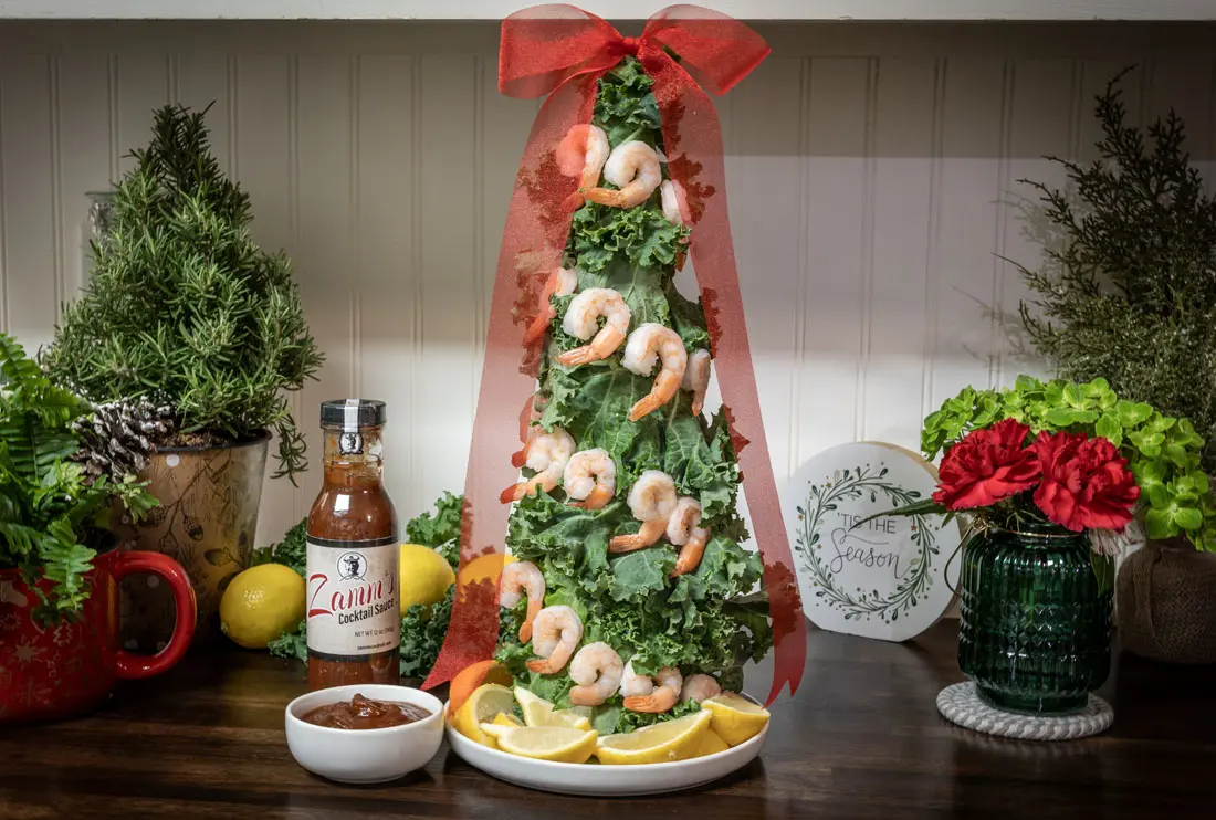Shrimp Cocktail Christmas Tree with Zamm’s Cocktail Sauce Featured